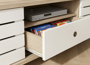 Mueble de TV Moderno para Salón de 180 cm, Color Roble Somana Claro con Blanco, 2 Puertas Corredizas, Cajón, Fácil Montaje, TV6069, para Villa o Apartamento - Product Image 3