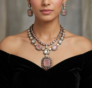 Conjunto de Joyería Nupcial India, Collar y Aretes de Latón Plateado con Circonitas, Tono Oro Rosa, para Bodas y Fiestas - Product Image 3