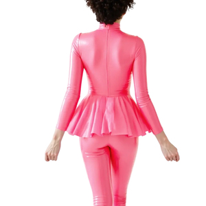 Combinaison rose en PU pour femme, col roulé, manches longues, taille froncée, coupe ajustée, longueur intégrale, couleur unie, tenue de club - Product Image 6