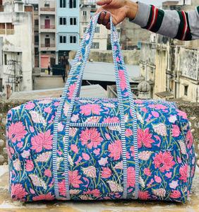 Handmade Floral Print Duffel <b>Bag</b> Blue Pink Cotton Quilted Weekender Travel <b>Bag</b> <b>Large</b> Capacity Zipper Closure - Product Image 4
