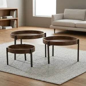 Modern Handmade Round Wooden Side <b>Table</b> with Iron Legs <b>Nesting</b> Design Rajasthan Living Room Furniture - Product Image 3