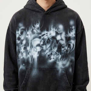 <b>Men</b>’s Black Washed Graphic Hoodie Abstract <b>White</b> Smoke Print Heavyweight Oversized Streetwear <b>Sweatshirt</b> - Product Image 6