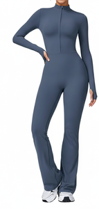 Al por mayor: Monos deportivos de una pieza para mujer, con cremallera, largos, acampanados, de secado rápido, lisos, sencillos, para gimnasio, yoga, entrenamiento y fitness - Product Image 5