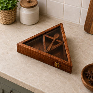 Boîte à épices triangulaire en bois faite à la main, Masala Dabba en bois de rose indien avec plusieurs compartiments, organisateur de rangement de cuisine traditionnel - Product Image 4