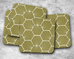 Modern Square Wooden Enamel Print <b>Coaster</b> with Geometric Pattern in Olive Green and White, Non-Slip Design for <b>Table</b> Decoration - Product Image 2