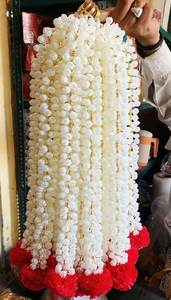 Indian Artificial <b>White</b> Jasmine Flower Garland with Red Marigold Tassels for Wedding Temple Festival Home Decor - Product Image 2
