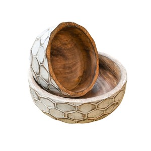 Ensemble de 2 bols de service en bois de manguier écologiques faits à la main, bols décoratifs hexagonaux sculptés en bois pour salade et décoration intérieure - Product Image 1