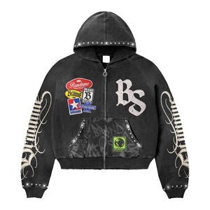 Custom Vintage Washed Sun Faded <b>Hoodie</b> <b>for</b> <b>Men</b> Factory OEM <b>Oversized</b> Heavyweight 100% Cotton Zipper Jacket Rhinestone <b>for</b> Winter - Product Image 4