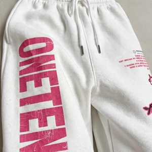 ONETEN <b>Men's</b> White Cotton Midweight Sweatpants Elastic Waist Drawstring Letter Print Street Style <b>Joggers</b> - Product Image 5