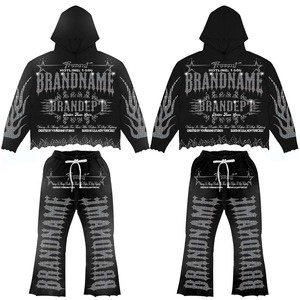 Conjunto de chándal de 2 piezas personalizado con efecto lavado ácido, sudadera con capucha con cremallera y pedrería, y pantalones de chándal acampanados - Product Image 6
