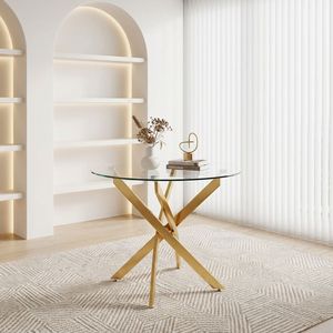 Tavolo da Pranzo Moderno in Vetro da 35,5 Pollici con Gambe Dorate, Tavolo Rotondo per Cucina e Sala da Pranzo - Product Image 1
