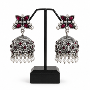 Ready Stock Antique Silver Indian Jhumka <b>Earrings</b> Pear Cut Red Crystal Stone Flower Shape Women's Classic Party Direct Factory - Product Image 1