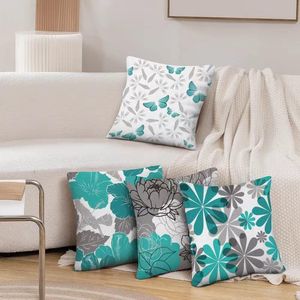 Set di 6 Copricuscini Moderni Turchese 18x18 Pollici, Fodere Decorative Grigio Teal con Motivo Floreale a Margherita per Divano - Product Image 6