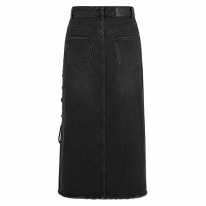 Lace-Up Denim Skirt for Women, Washed Black Maxi Jean Skirt with Side Slit, Eyelets, Gothic Streetwear - Product Image 2