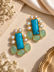 Pendientes Colgantes Hechos a Mano con Perlas de Agua Dulce Turquesa Aqua Onyx, Bañados en Oro de 18K, con Cabujones de Diseño y Gotas de Piedras Preciosas Naturales - Product Image 3
