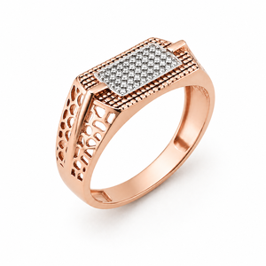 <b>Mens</b> 18KT rose Gold Rectangular Micro Pave Cubic Zirconia Signet <b>Ring</b> Openwork Side Design Textured Statement Wedding Party - Product Image 2