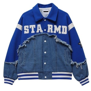 Chaqueta Varsity Sta Rmd Azul con Parches de Mezclilla, Estilo Preppy con Bordes Deshilachados, para Hombre, Cuello Camisero, Ropa de Otoño - Product Image 1