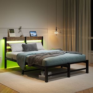 Cadre de lit en métal pleine grandeur avec tête de lit en bois, lumières RGB, chargeur, étagère de rangement, style rustique, silencieux, aucun sommier tapissier nécessaire - Product Image 3