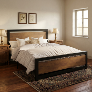 Midcentury Modern Queen Platform <b>Bed</b> with <b>Black</b> Metal Frame and Solid Wood Walnut Wood-Grain Headboard - Product Image 5