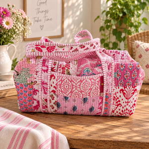 Dolly Enterprises Handmade Patchwork Quilted Cotton Duffle <b>Bag</b> Floral Block Print Weekender <b>Overnight</b> Travel Zipper Shoulder <b>Bag</b> - Product Image 1