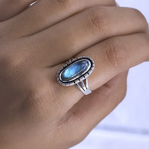 Natural Labradorite 925 Sterling <b>Silver</b> <b>Statement</b> <b>Rings</b> Long Oval Cabochon Gemstone Boho Vintage <b>Ring</b> Handmade Jewelry - Product Image 2