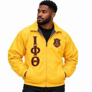 Iota Phi Theta Gold Yellow Windbreaker <b>Jacket</b> <b>Mens</b> Full Zip Lightweight Long Sleeve Crest <b>Letter</b> Design Casual Outerwear - Product Image 1