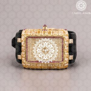 Charm_Jewells Luxury Women's Rectangular Crystal <b>Watch</b> Yellow Gold Case Leather Band Analog Quartz Movement 30mm Fashion Jewelry - Product Image 1