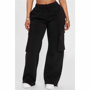 Pantalones Cargo Negros de Cintura Alta para Mujer, Pierna Ancha, Corte Holgado, Cintura Elástica, Color Sólido, Estilo Casual, Largos, Tela de Felpa, Estilo Otoñal - Product Image 3