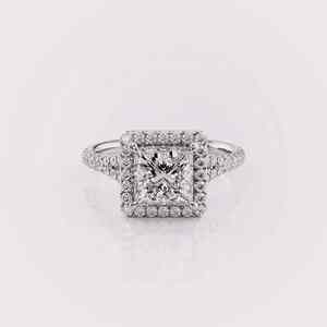 Princess Cut Lab Grown <b>Diamond</b> Halo Ring Pavé Band Solid 925 Sterling Silver - Product Image 1