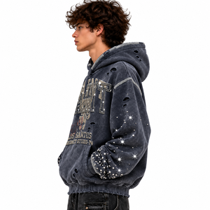 Sweat-shirt à capuche surdimensionné pour homme, style streetwear, vintage, délavé, avec strass et motif Saint - Product Image 4