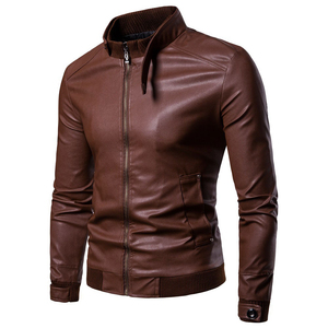 Veste de moto pour homme en cuir PU marron, imperméable, respirante, écologique, col montant, fermeture éclair, coupe ajustée, couleur unie, taille standard - Product Image 2