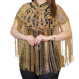 Élégante cape en dentelle géométrique brodée d'or et de sequins, à franges, écologique, faite à la main, de luxe, pour femme, style vintage, pour soirée - Product Image 1