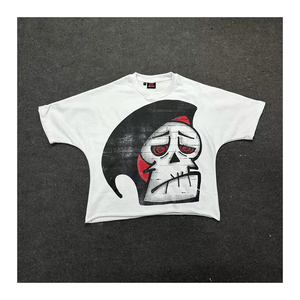 White Skull Graphic Summer Knitted 100% Cotton Oversized Short Sleeve Crew Neck <b>Crop</b> <b>Top</b> Streetwear Men's T-Shirt High Quality - Product Image 1