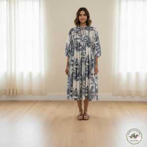 Cotton Floral Print Floor Length A LINE Dress O Neck <b>Three</b> Quarter Puff Sleeves Women's Daily Wear Embroidery Pocket Detail - Product Image 1