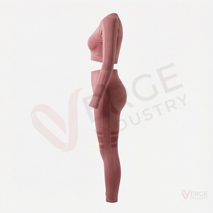 <b>Women</b> Seamless Long Sleeve Crop Top High Waist <b>Leggings</b> 2 Piece Set <b>Pink</b> - Product Image 3