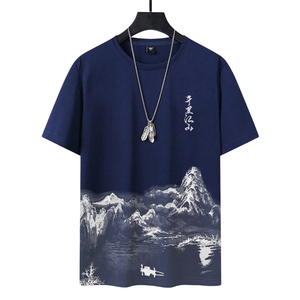 Mens Navy Blue Graphic Print Crew Neck Short Sleeve <b>T</b> <b>Shirt</b> <b>Mountain</b> Landscape Design Casual Streetwear Wholesale Clothing - Product Image 1