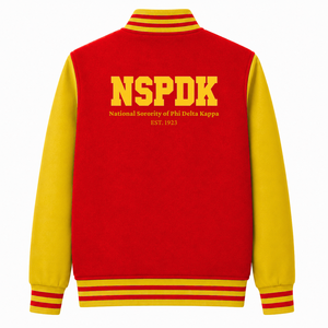 Chaqueta universitaria personalizada NSPDK Sorority, roja y dorada, con cremallera frontal completa, cuello con ribete, logotipo bordado, de algodón. - Product Image 3