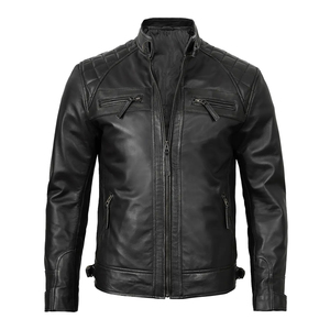 <b>Men's</b> Genuine Leather Moto <b>Jacket</b> Slim Fit Stand Collar Zipper Closure Windproof Black Moto Biker Style At Factory Price - Product Image 1