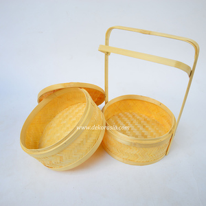 Eco-Friendly Round Woven Bamboo Double Tier <b>Storage</b> <b>Basket</b> with Handle Handmade Natural Home Decoration Food <b>Storage</b> Container - Product Image 4