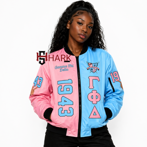 Sorority Gamma Phi Delta 1943 All Over Sublimation Heat Transfer Printed Quilt Lined Casual <b>Zipper</b> Outdoor Bomber Jackets - Product Image 1