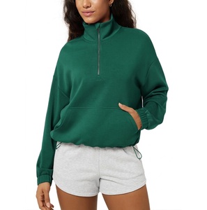 Breathable Terry Women Green Half <b>Zip</b> <b>Hooded</b> Sweatshirt Long Sleeve Solid Color Woven Streetwear Winter Wear Custom Logo Front - Product Image 1
