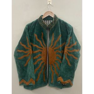 Emerald <b>Velvet</b> Mandarin Collar <b>Jacket</b> With Hand Embroidered Sun Design Full Sleeve Autumn Wear - Product Image 1