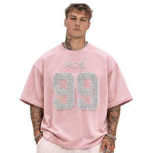 Maillot de football américain de luxe pour homme, rose, surdimensionné, à col rond, en maille, imprimé chiffres en strass, style hip-hop, type universitaire, grammage lourd - Product Image 1