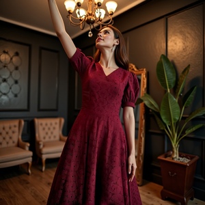Vestido MIDI bordado para mujer con cuello en V rojo vino con algodón suave transpirable y diseño elegante artesanal para uso diario - Product Image 6