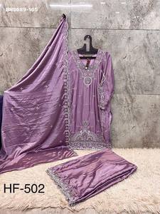 Collection de vêtements de festival Aamzing Color, dernière collection, ensemble kurta-plazo et dupatta en chinon avec broderies, fournisseur d'Inde. - Product Image 3