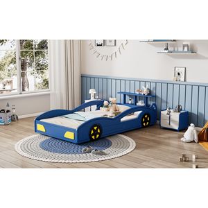 Letto a piattaforma per bambini a forma di auto da corsa blu e giallo in legno, con ruote, per ragazzi - Product Image 1