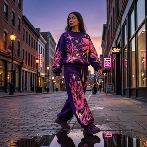 Ensemble de survêtement pour femme avec sweat-shirt imprimé Galaxy prune et pantalon large, style streetwear cosmique, tenue décontractée deux pièces, ONEAPEX - Product Image 4
