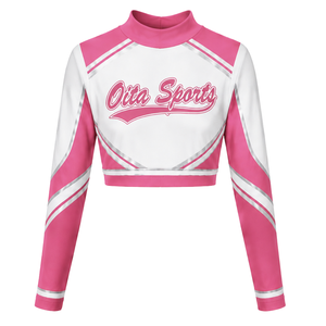 Ensemble uniforme de cheerleading sublimé rose et blanc à manches longues avec jupe plissée pour l'entraînement et la performance sportive d'équipe - Product Image 1
