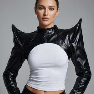 Haut court asymétrique en similicuir PU pour femme, à manches chauve-souris, col roulé, fermeture éclair, couleur unie, pour l'automne - Product Image 1