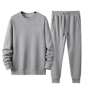 Conjunto Deportivo Unisex Gris, Sudadera de Cuello Redondo con Pantalones con Cordón, Color Sólido, Ropa Casual de Otoño, 100% Algodón, Largo Completo - Product Image 1